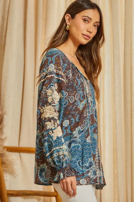Rissa Embroidered Top in Teal Chocolate