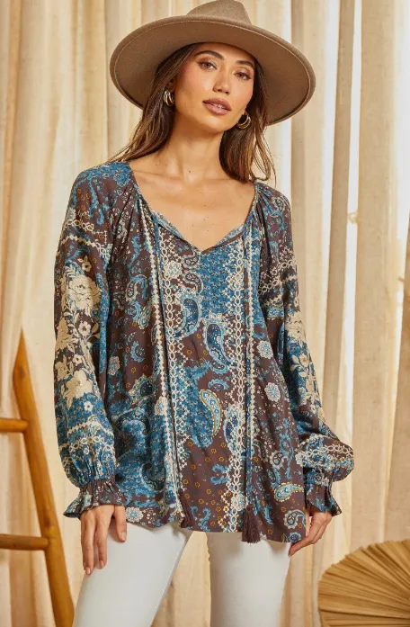 Rissa Embroidered Top in Teal Chocolate