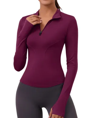 Ropa Deportiva para Mujer Long Sleeve Fall Workout Tops Womens Crop Quarter Half Zip Pullover Athletic Yoga Shirts Running Wear(Wine)