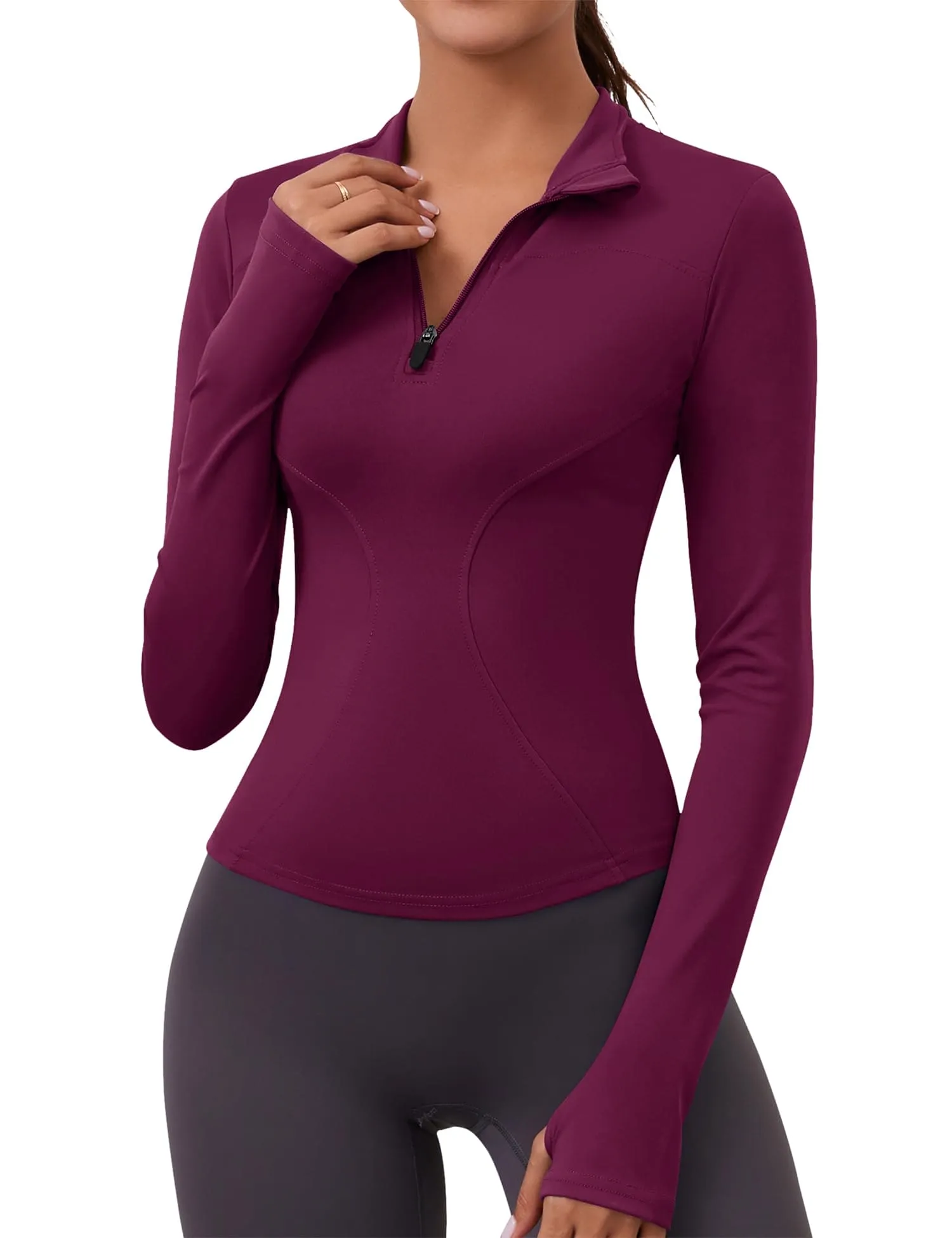Ropa Deportiva para Mujer Long Sleeve Fall Workout Tops Womens Crop Quarter Half Zip Pullover Athletic Yoga Shirts Running Wear(Wine)