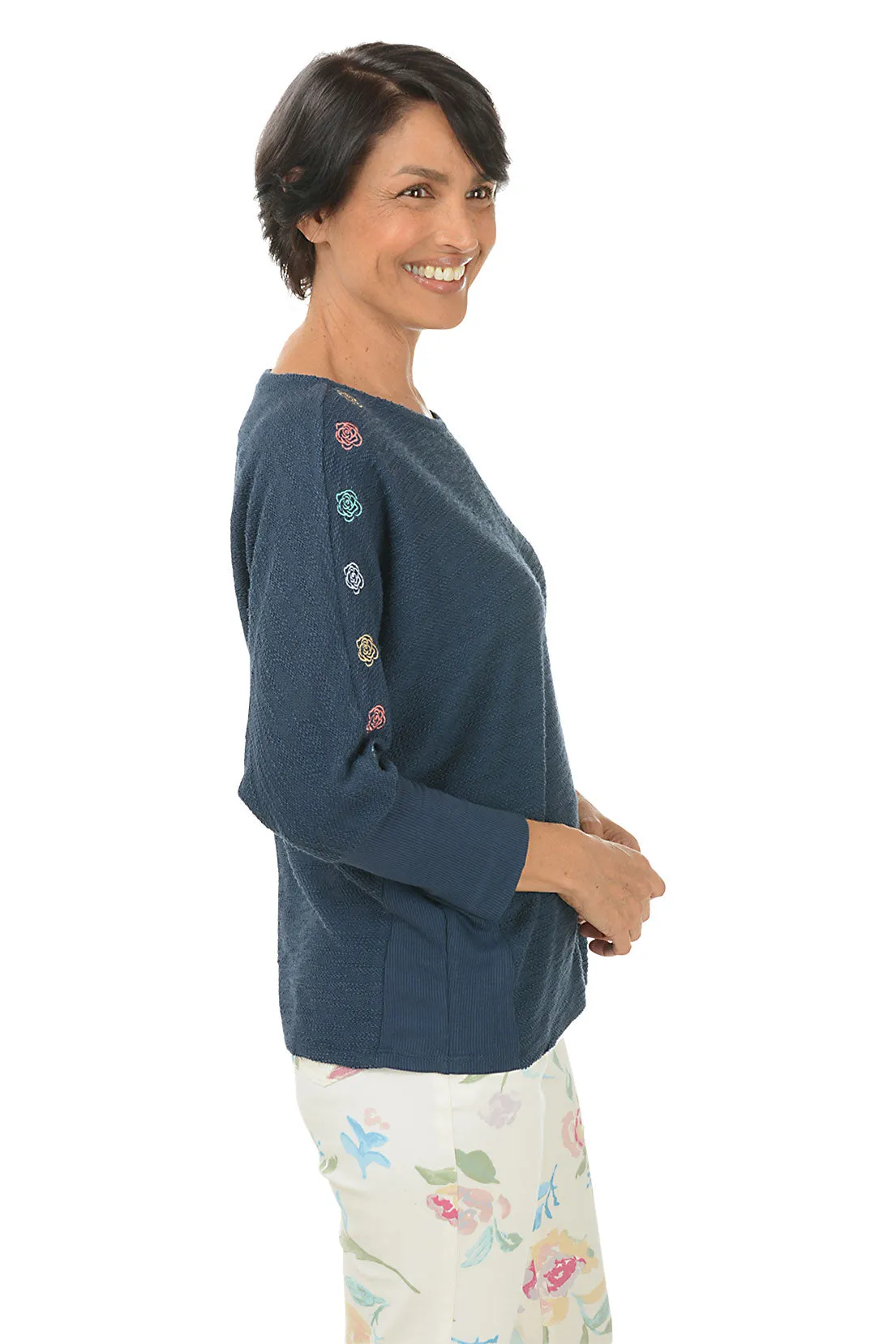 Rose Embroidered Batwing Sleeve Sweater