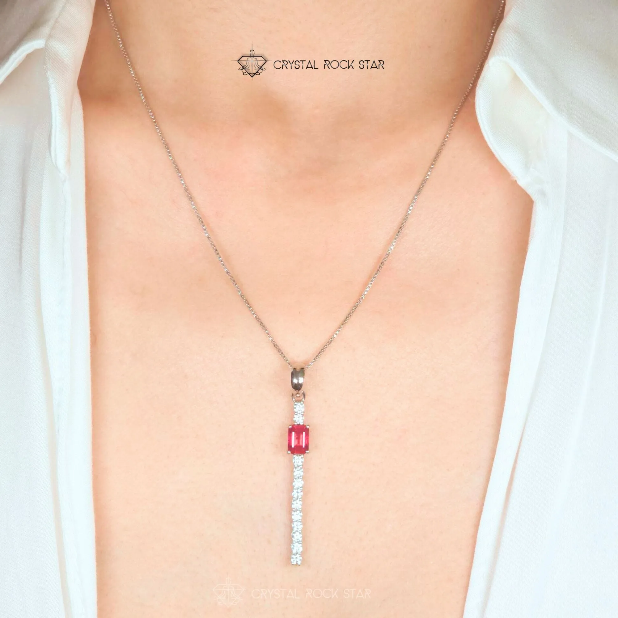 Ruby Sparkle Wand Sterling Silver Necklace