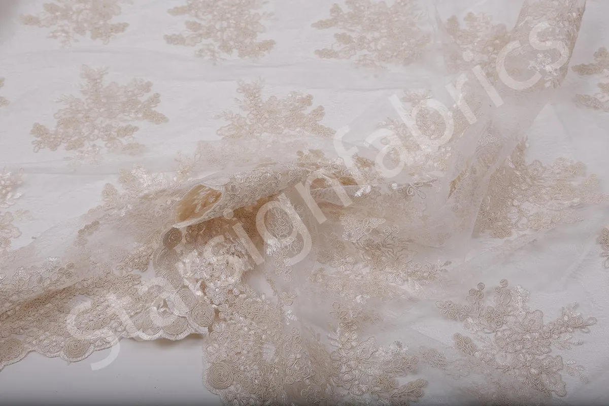 Scalloped Edge Drawstring Floral Embroidery Lace Fabric