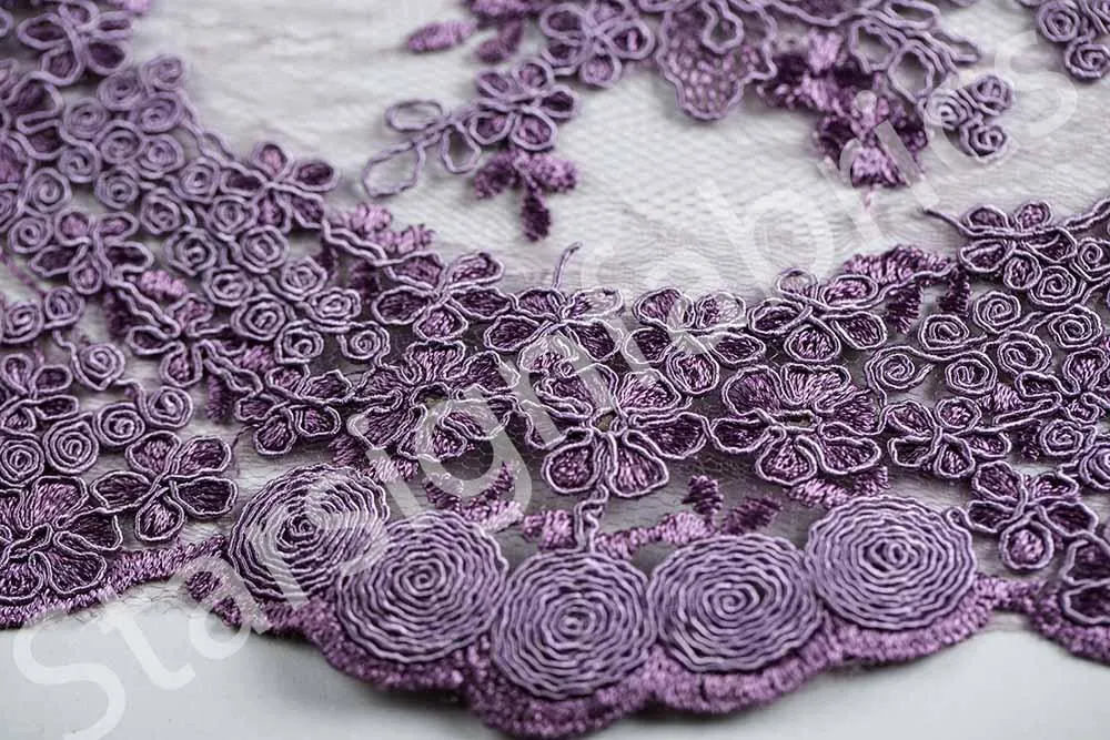 Scalloped Edge Drawstring Floral Embroidery Lace Fabric