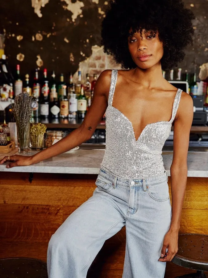 Sequin Sparkly Sleeveless Deep V-Neck Bodysuit