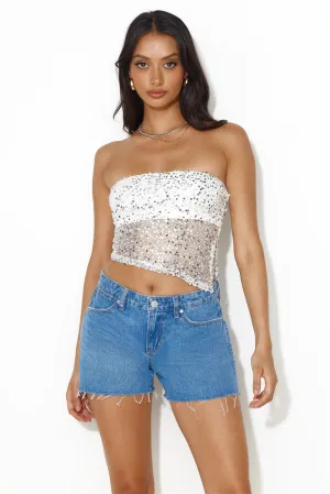 She Is The Party Strapless Sequin Crop Top Silver