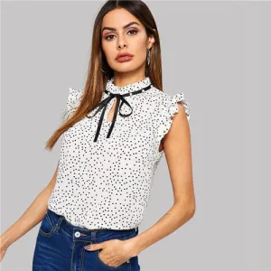 SHEIN White Polka Dot Ruffle Sleeveless Pearls Bow Stand Collar Blouse