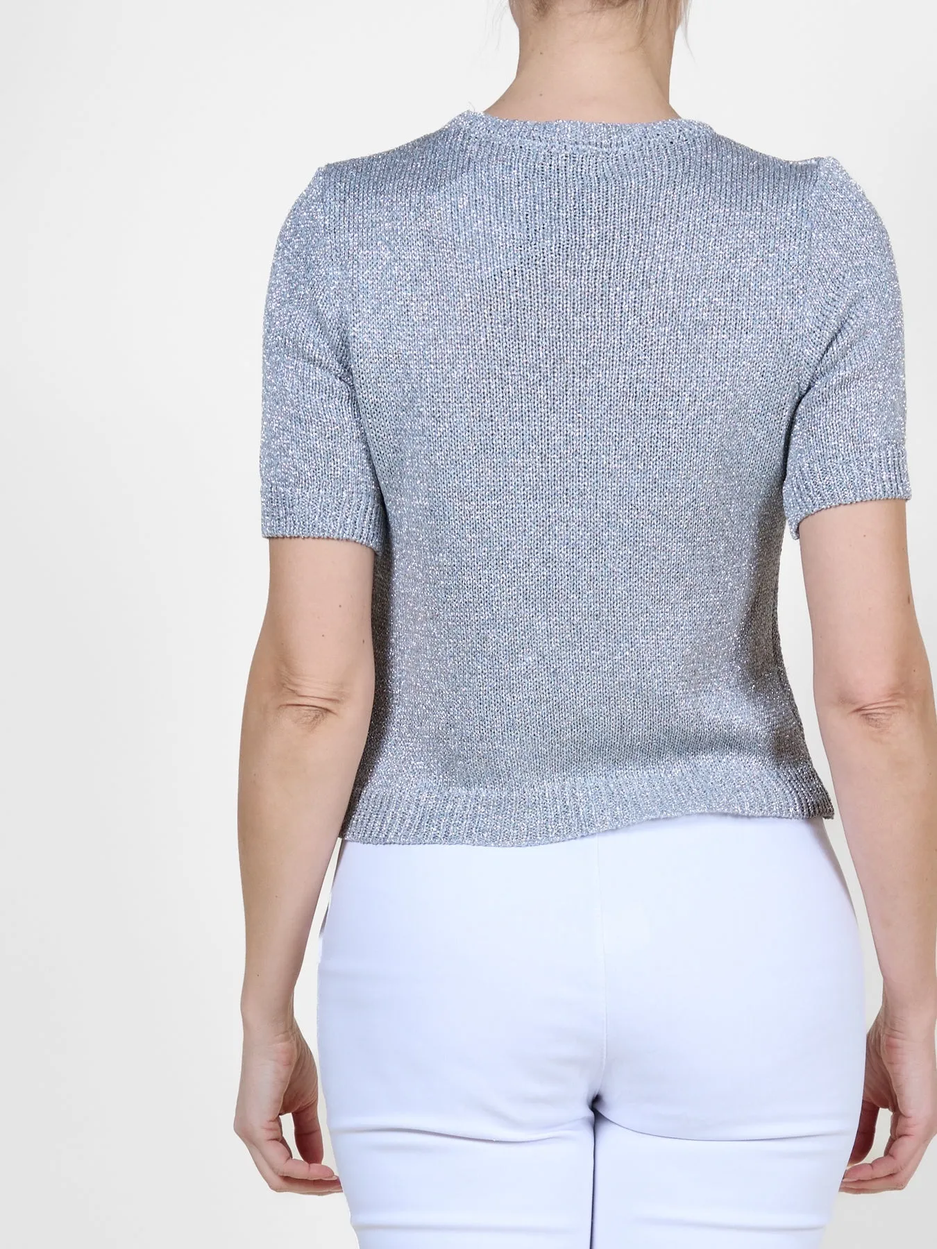 Silver Boat Neck Lurex Trim Knit Top