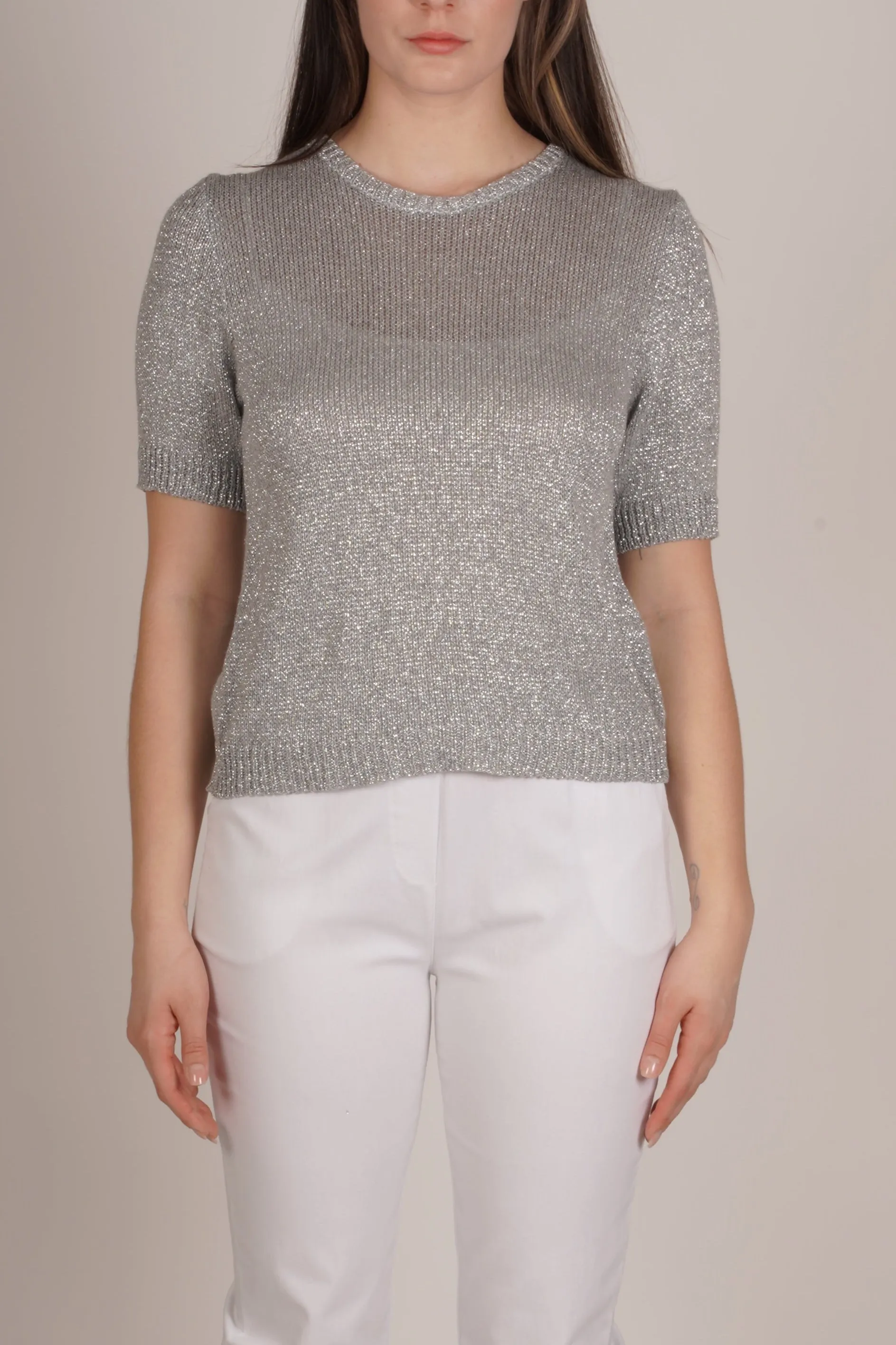 Silver Boat Neck Lurex Trim Knit Top