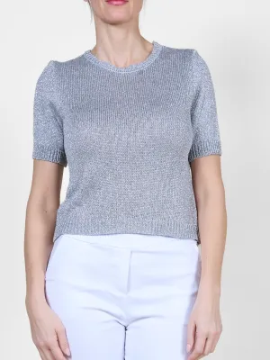 Silver Boat Neck Lurex Trim Knit Top