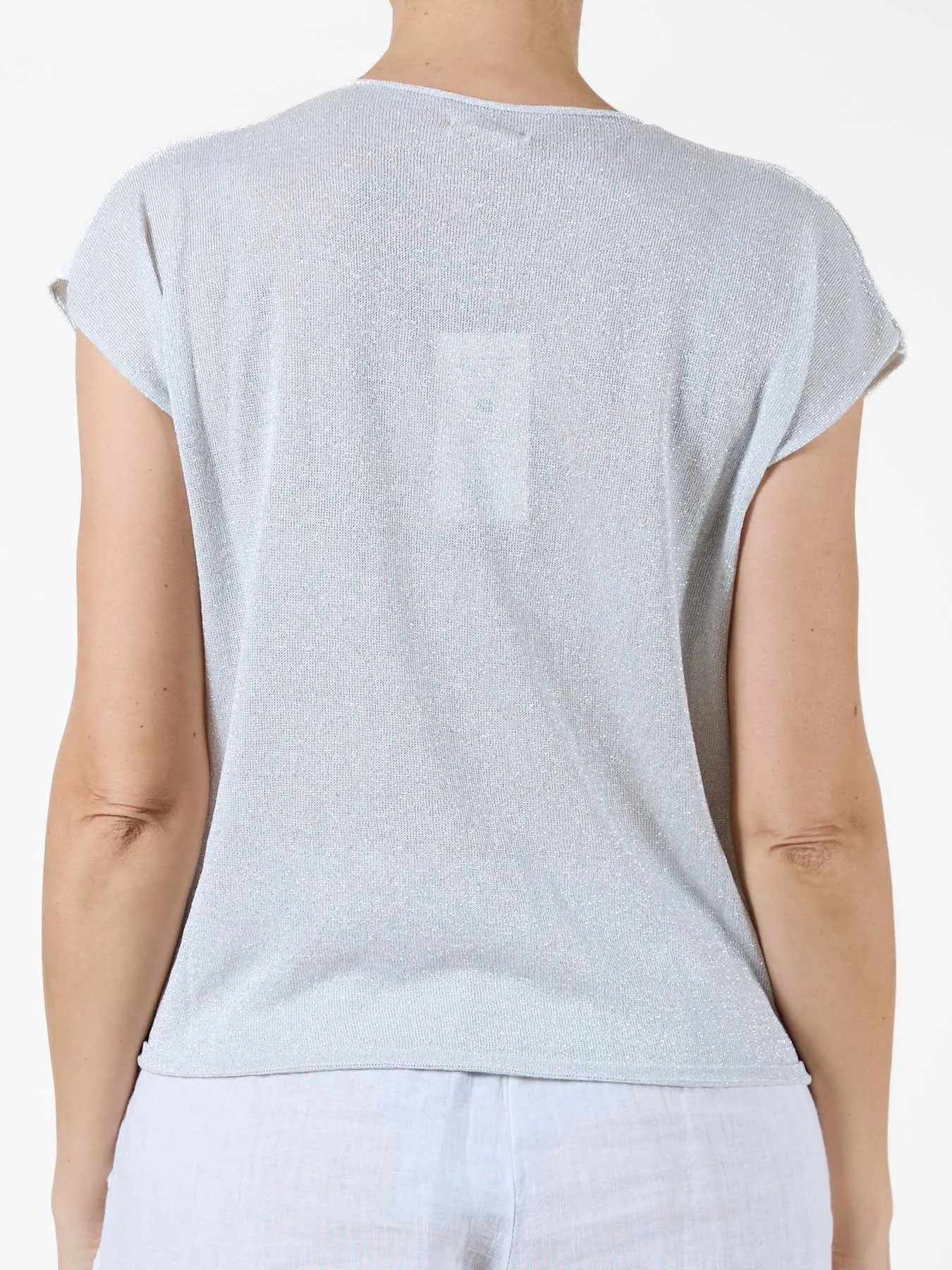 Silver Lurex V-Neck T-Shirt with Cap Sleeves