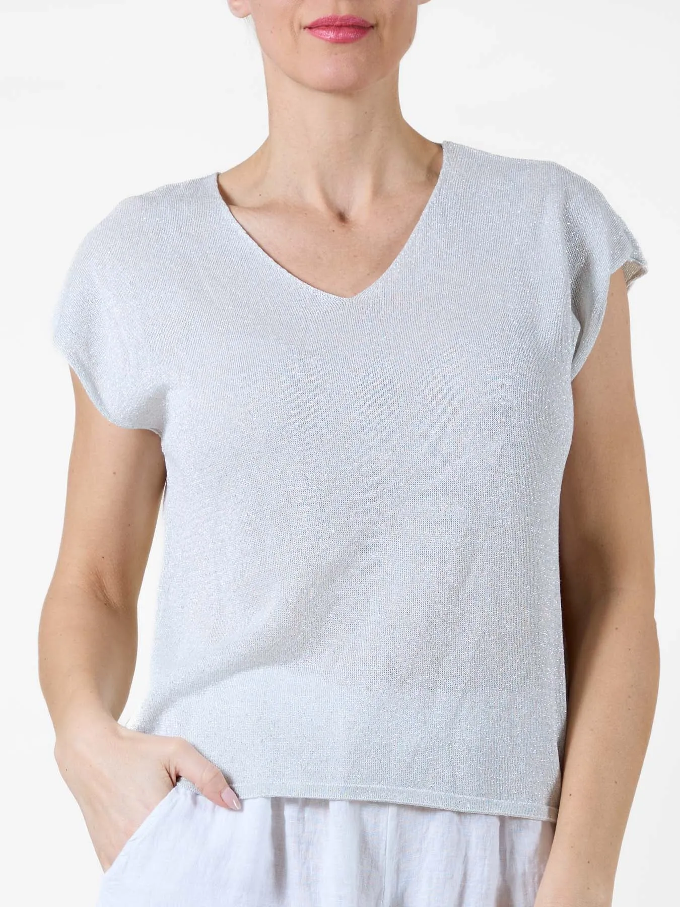 Silver Lurex V-Neck T-Shirt with Cap Sleeves