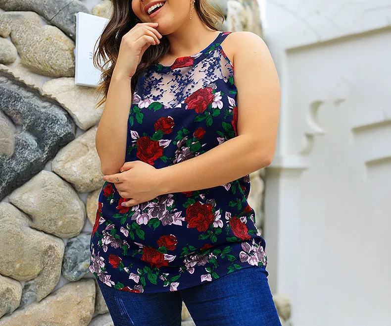 Sleeveless Floral Print Lace Patchwork Women Tops