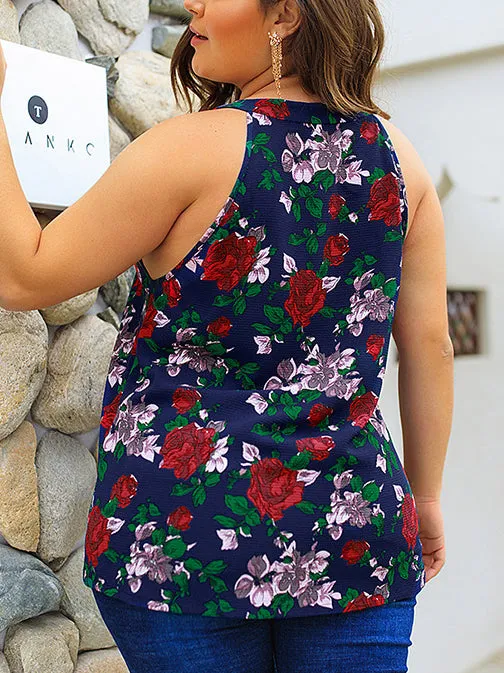 Sleeveless Floral Print Lace Patchwork Women Tops