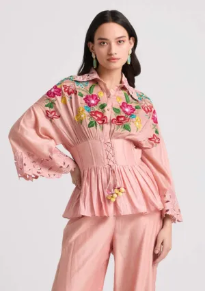 Soft pink embroidered corset shirt