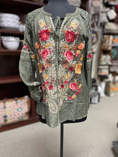 Sophie Long Sleeve Embroidered Top in Olive