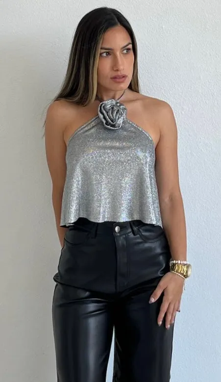Sparkly Darling Silver Flower Glitter Top