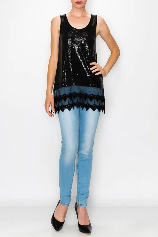 Sparkly Lace Layer Origami Tank Top: Black