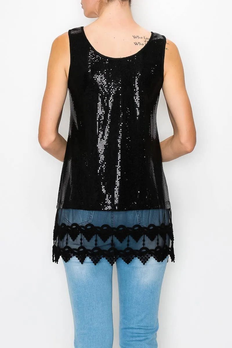 Sparkly Lace Layer Origami Tank Top: Black