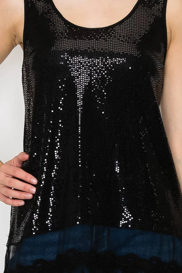 Sparkly Lace Layer Origami Tank Top: Black