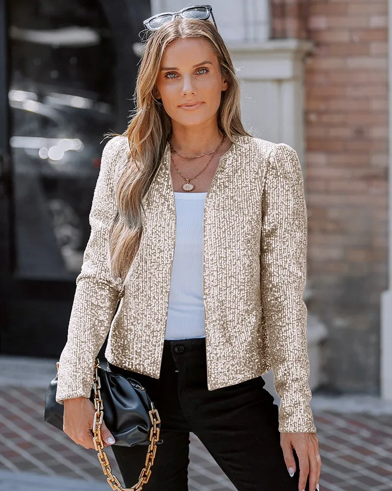 Sparkly Sequin Open Front Puff Sleeve Blazer Coat