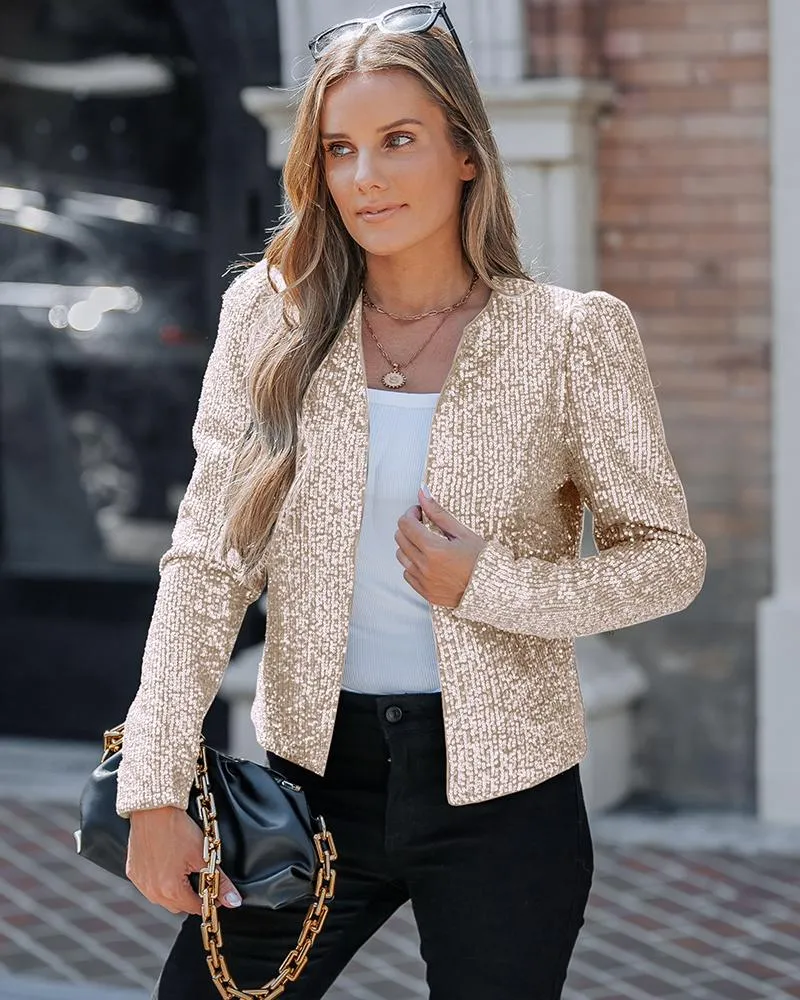 Sparkly Sequin Open Front Puff Sleeve Blazer Coat