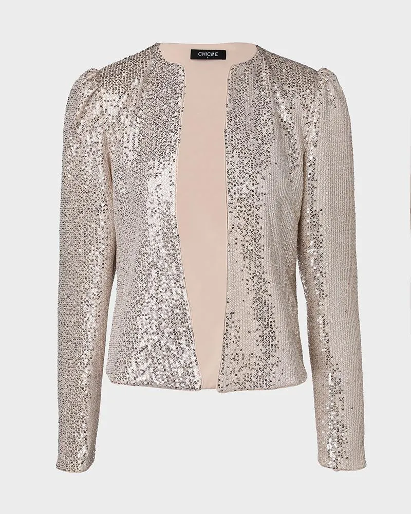 Sparkly Sequin Open Front Puff Sleeve Blazer Coat