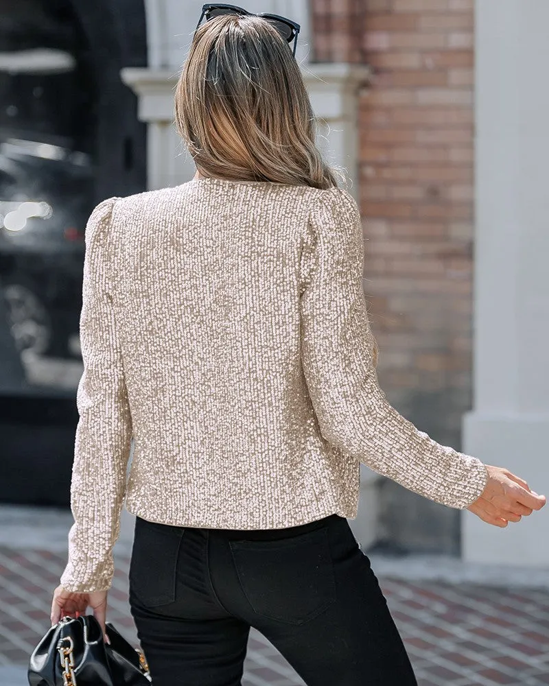 Sparkly Sequin Open Front Puff Sleeve Blazer Coat