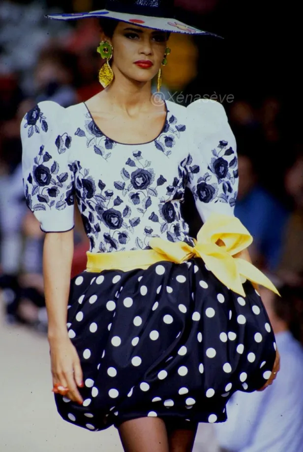 Spectacular Spring 1992 Yves Saint Laurent Haute Couture Look 47 Runway Dot & Embroidered Floral Pouf Dress