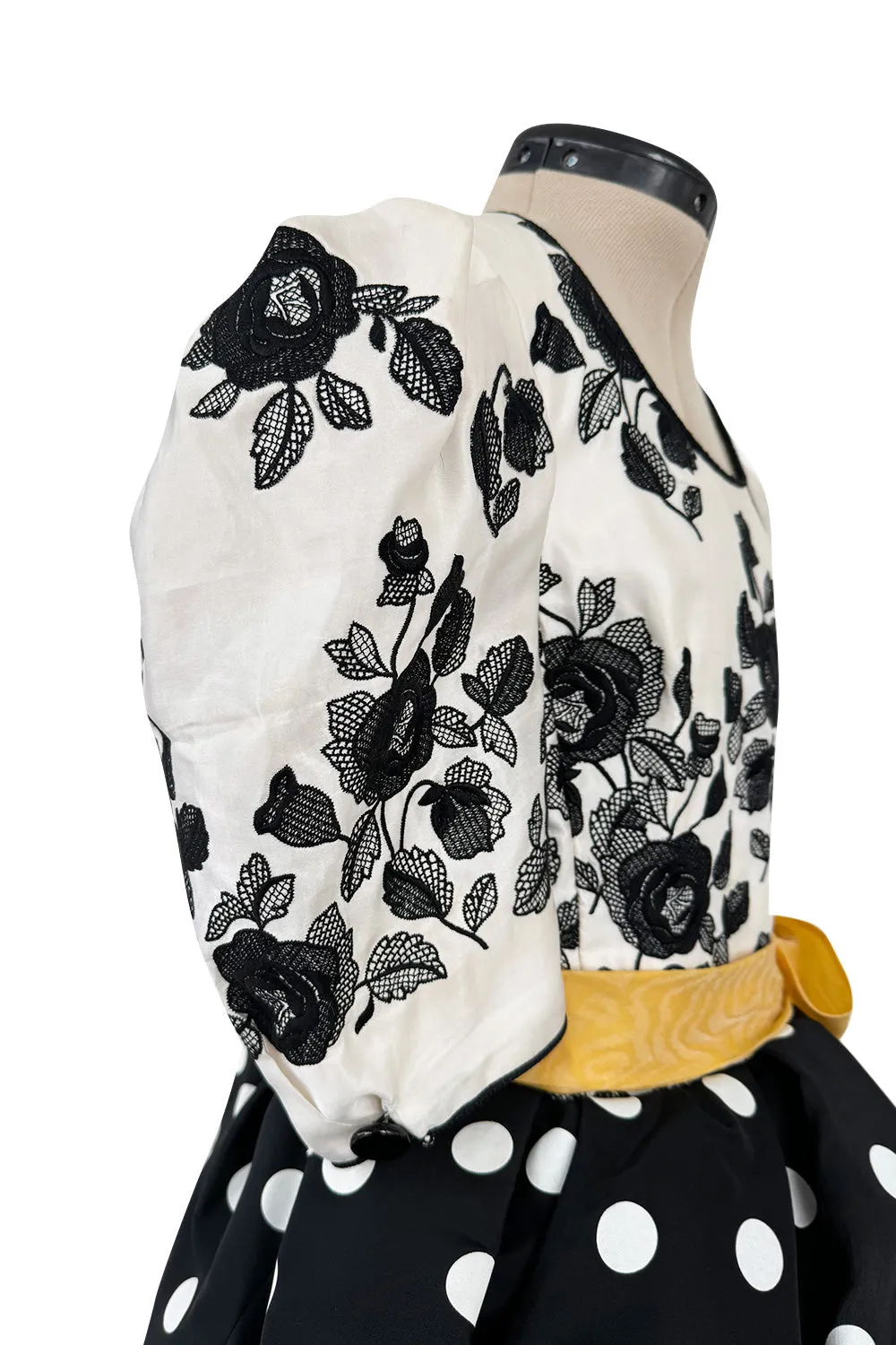 Spectacular Spring 1992 Yves Saint Laurent Haute Couture Look 47 Runway Dot & Embroidered Floral Pouf Dress