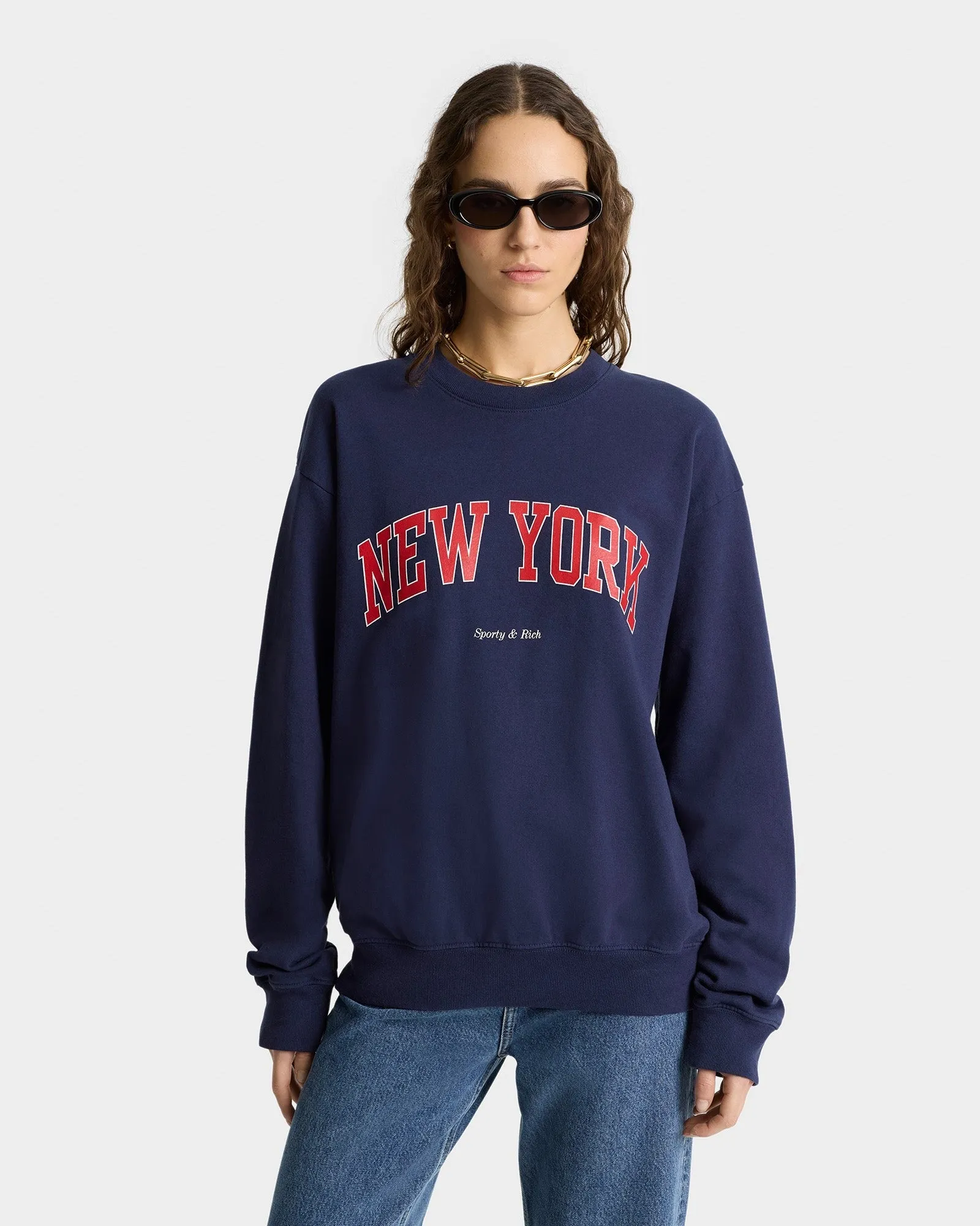 Sporty & Rich New York Ivy Crewneck in Dark Navy