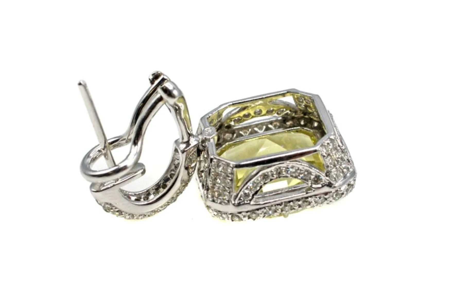 Square Lemon Citrine Diamond 18 Karat White Gold Earrings