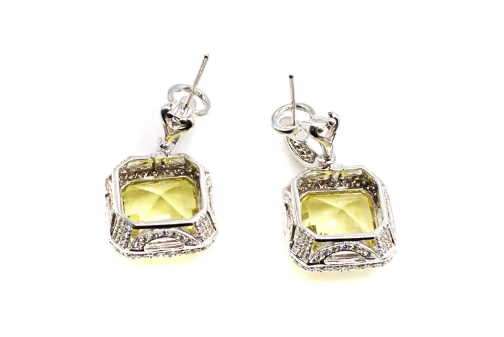 Square Lemon Citrine Diamond 18 Karat White Gold Earrings