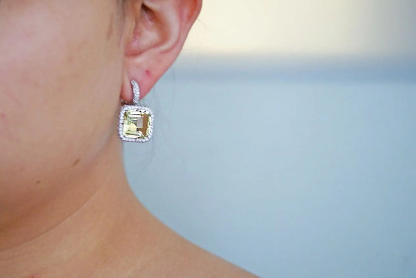 Square Lemon Citrine Diamond 18 Karat White Gold Earrings