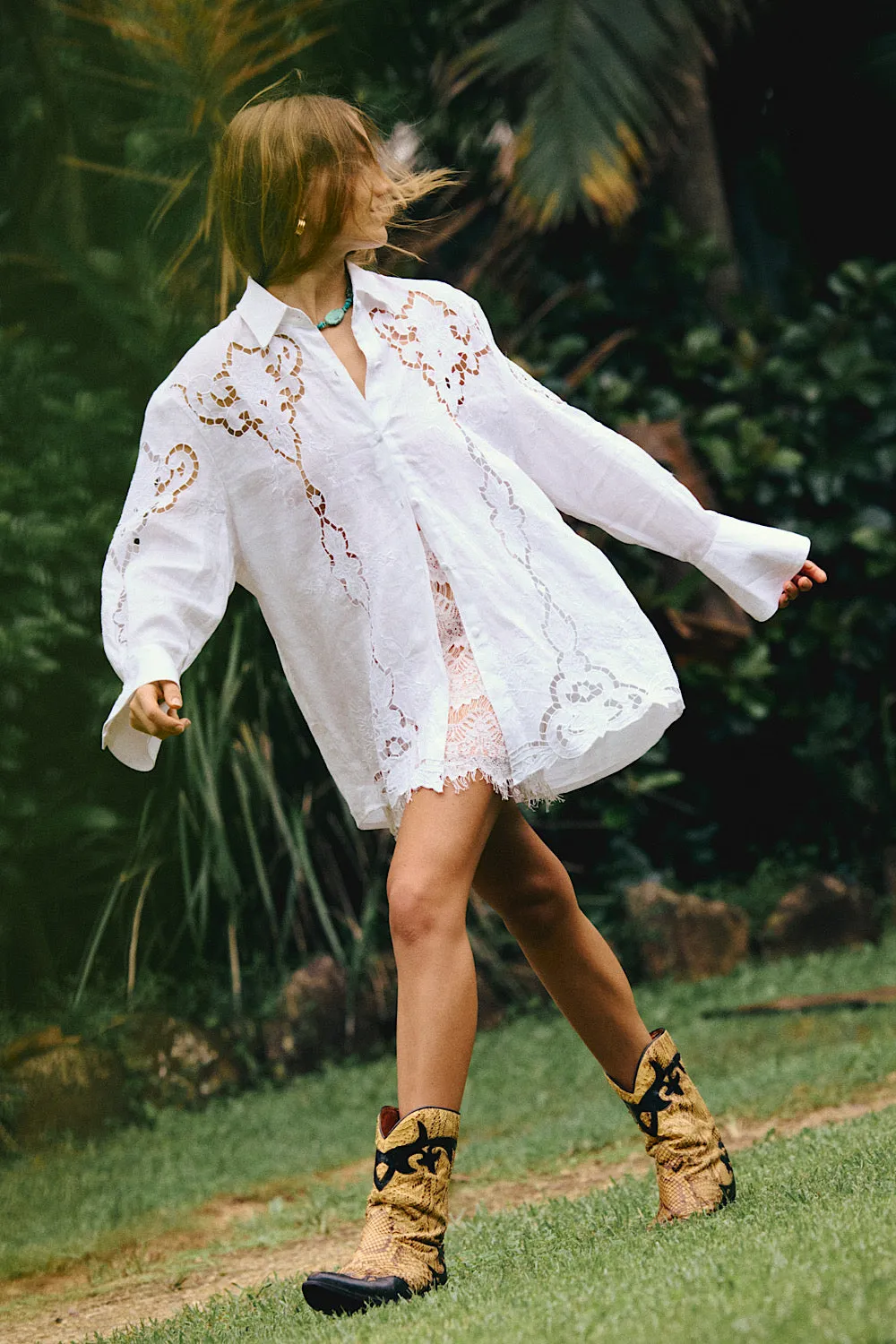 Starbound Linen Cutwork Embroidered Long Sleve Shirt