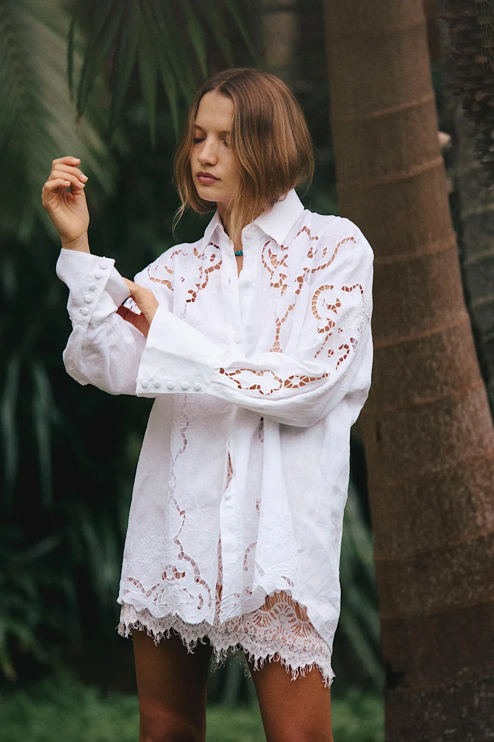 Starbound Linen Cutwork Embroidered Long Sleve Shirt