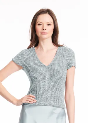 STRETCH PEARL V-NECK BEADED TOP LIGHT BLUE