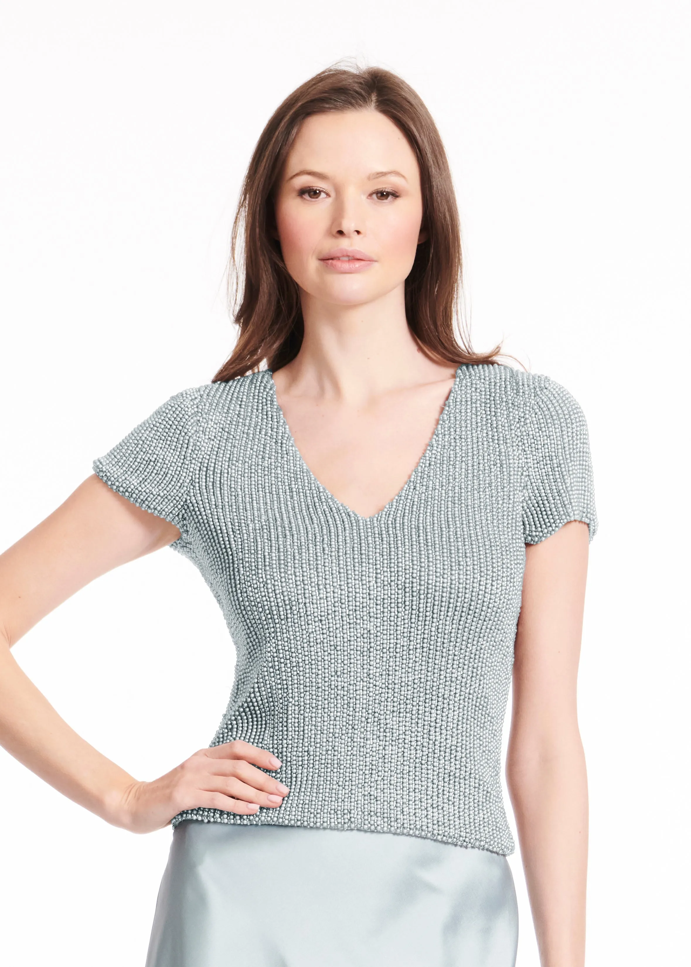 STRETCH PEARL V-NECK BEADED TOP LIGHT BLUE