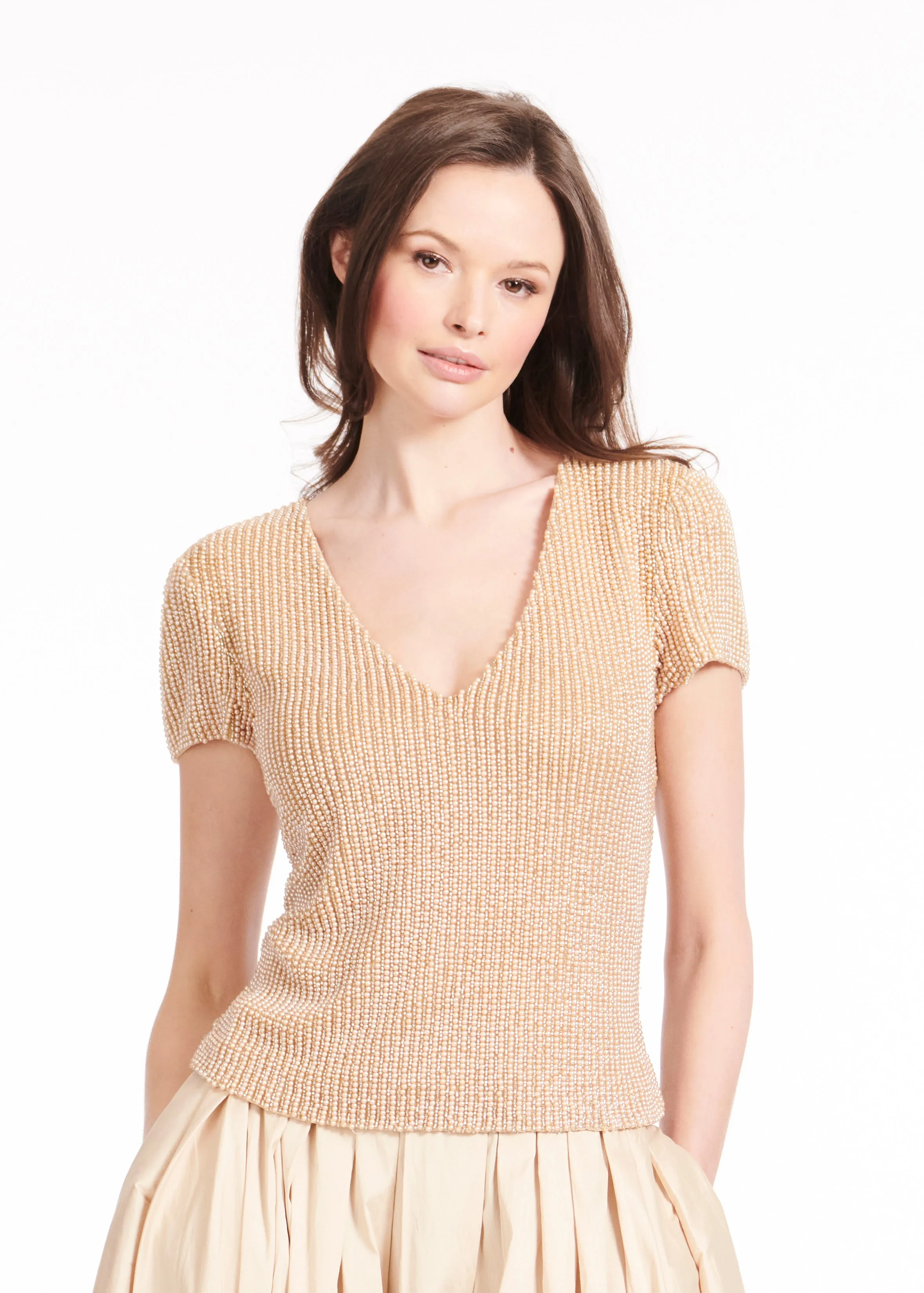 STRETCH PEARL V-NECK BEADED TOP LIGHT BLUE