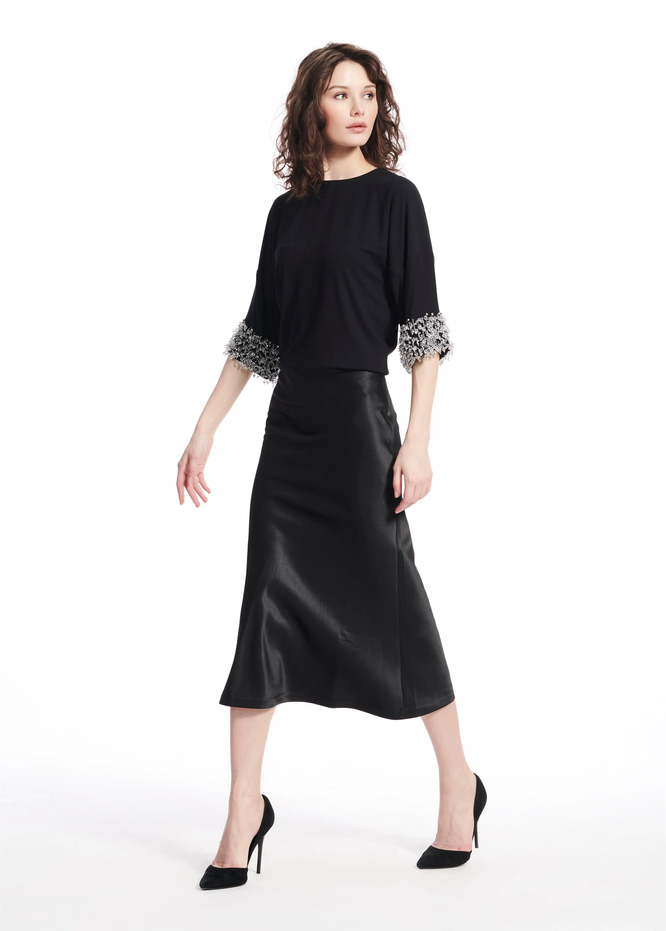 STRETCH SATIN MIDI A-LINE BIAS SKIRT BLUSH AND CHAMPAGNE