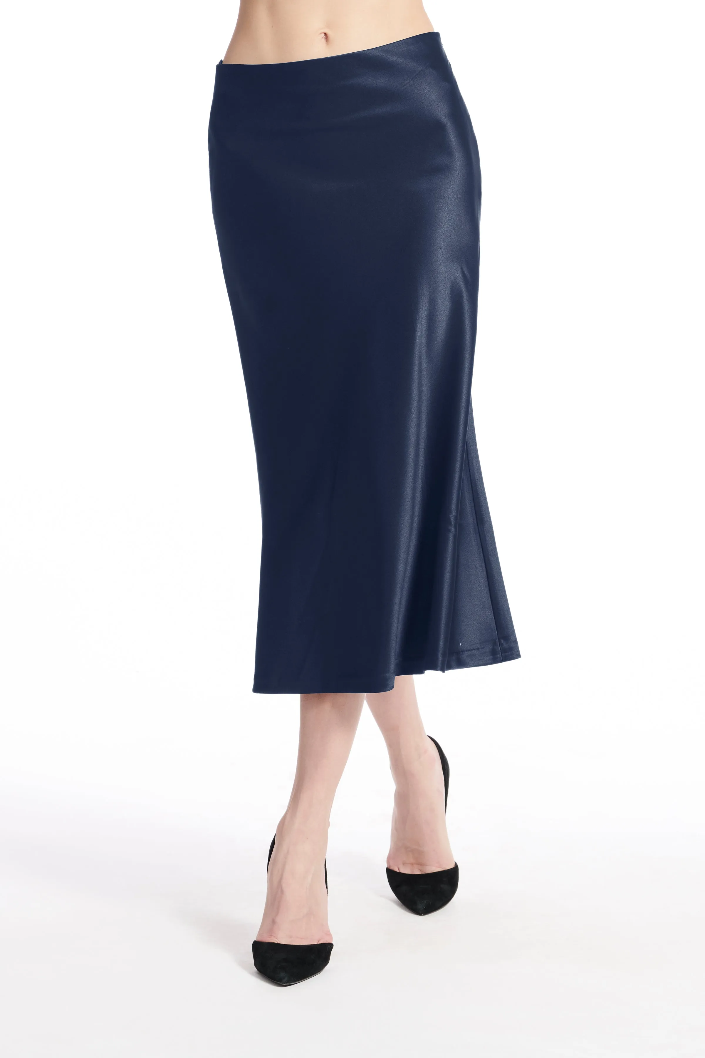 STRETCH SATIN MIDI A-LINE BIAS SKIRT BLUSH AND CHAMPAGNE