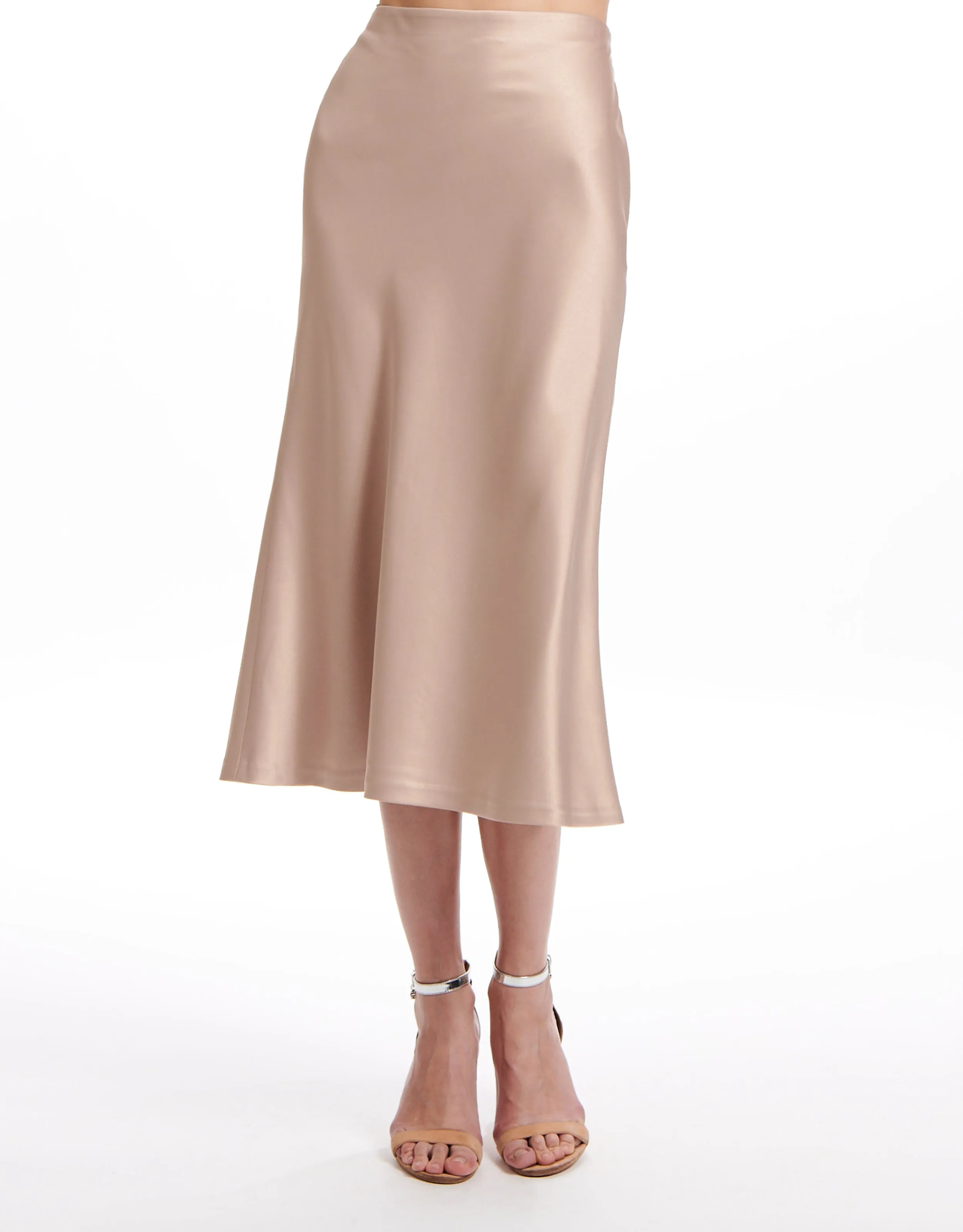 STRETCH SATIN MIDI A-LINE BIAS SKIRT BLUSH AND CHAMPAGNE