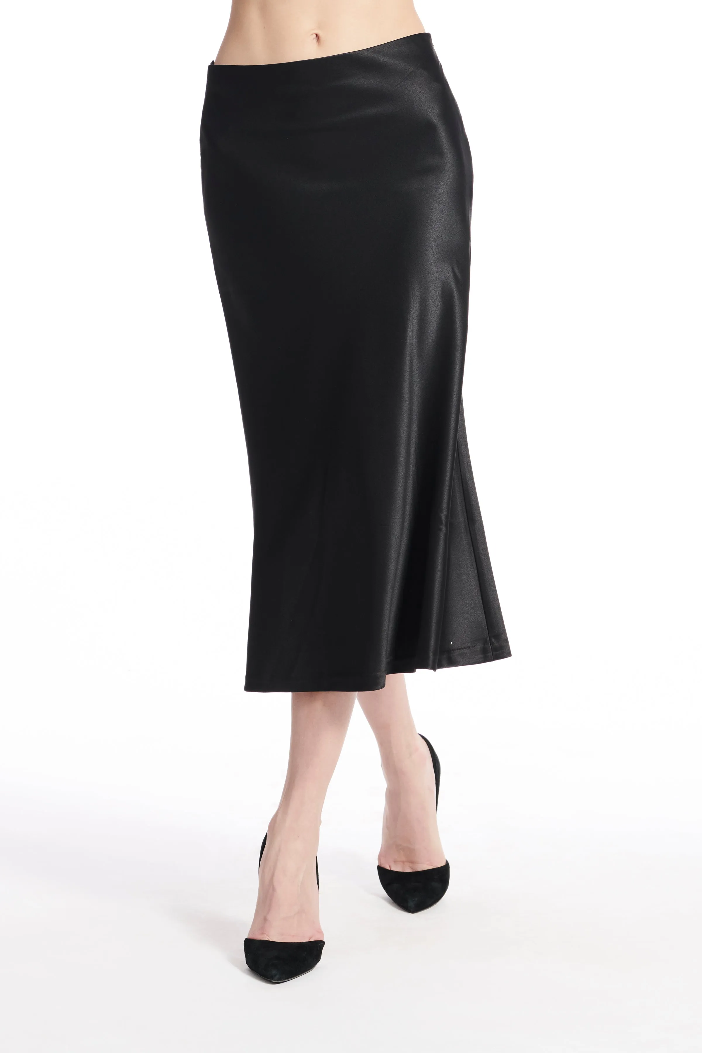 STRETCH SATIN MIDI A-LINE BIAS SKIRT BLUSH AND CHAMPAGNE