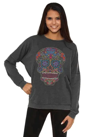 Sugar Skull Sweatshirt Women's Vintage Wash Colorful Rhinestones