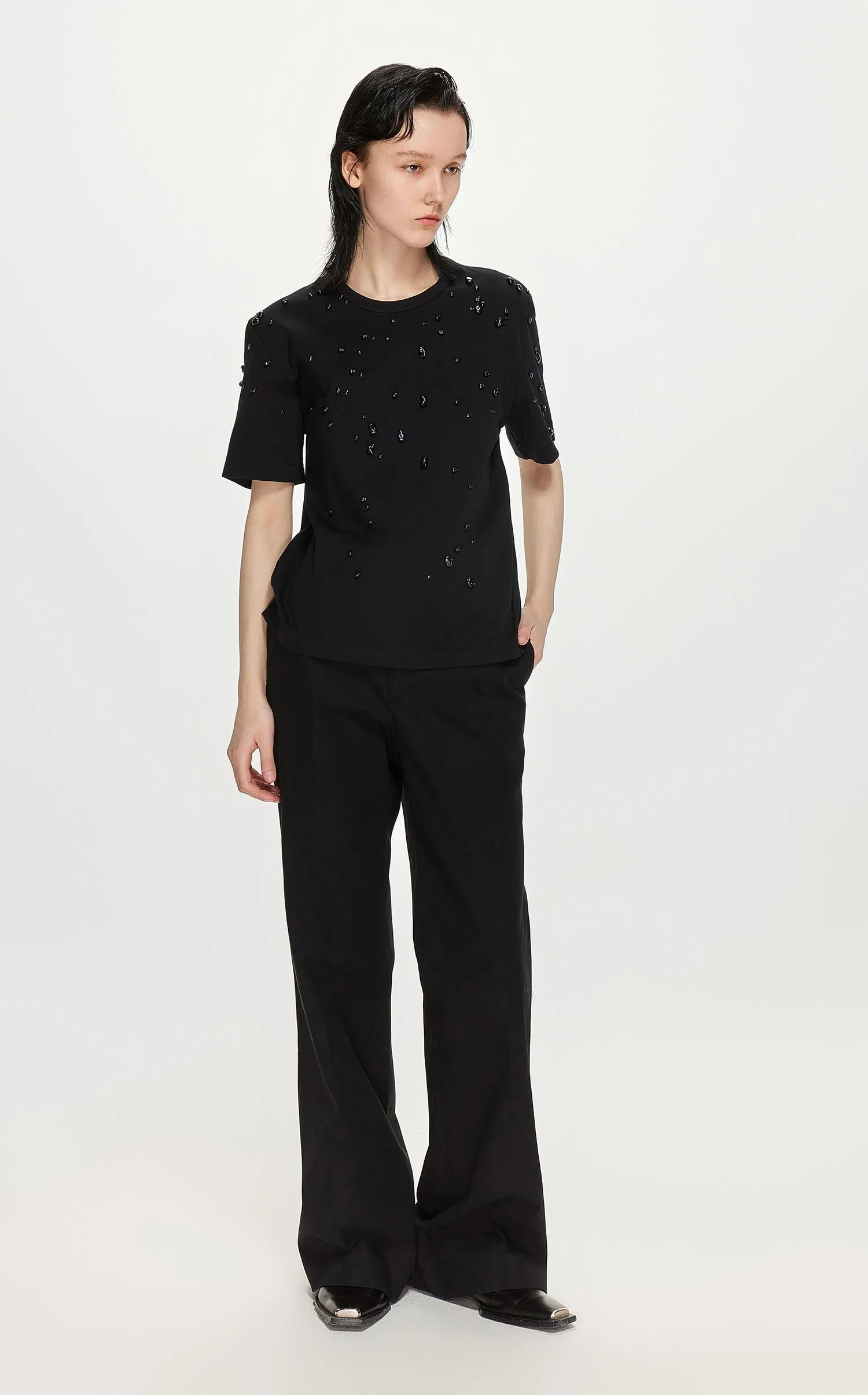 T-Shirt / JNBY Beaded Short Sleeve Round Neck T-Shirt (100% Cotton)