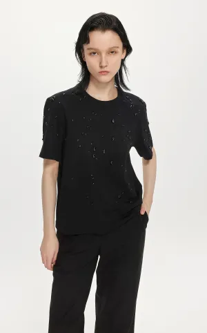 T-Shirt / JNBY Beaded Short Sleeve Round Neck T-Shirt (100% Cotton)