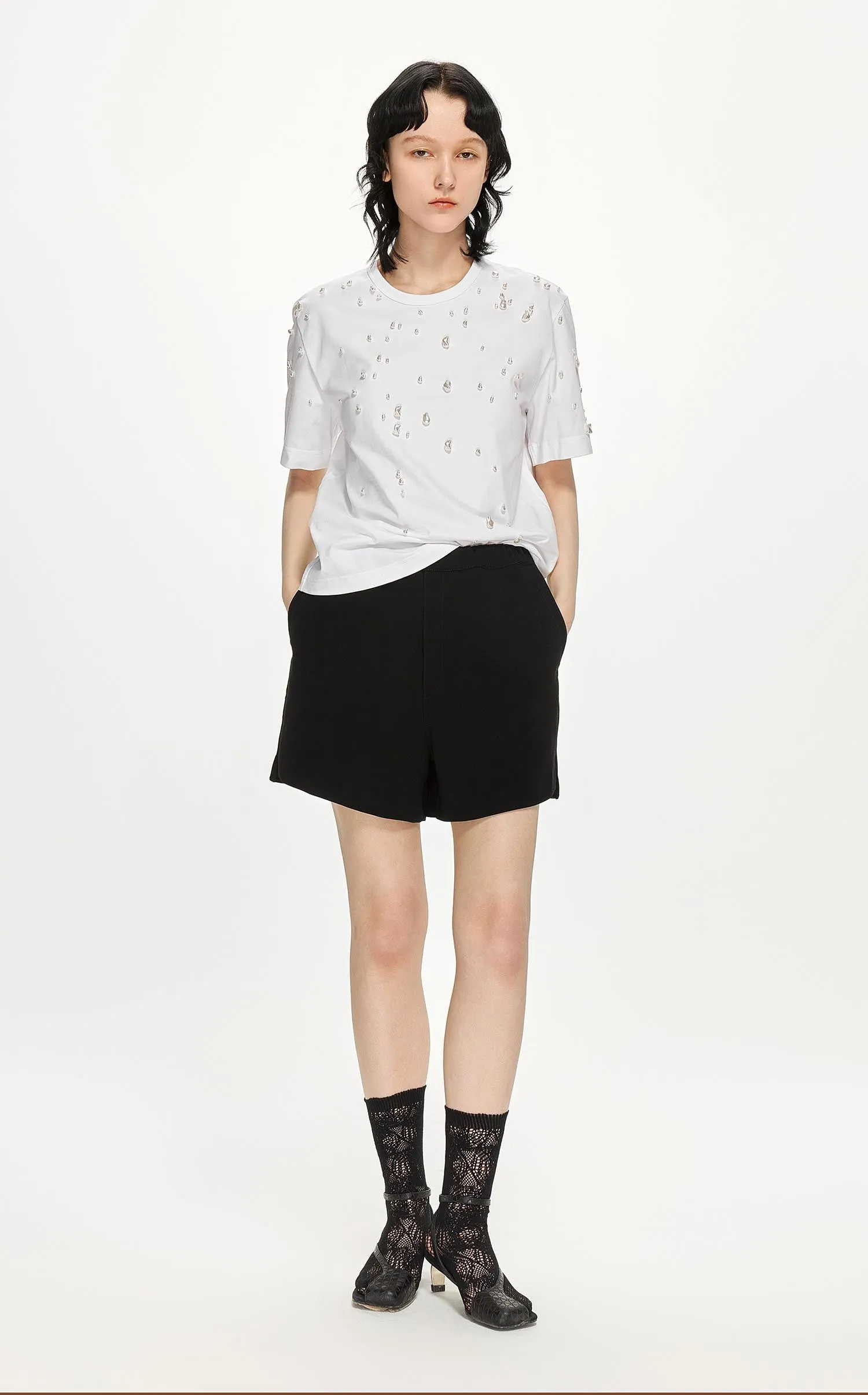 T-Shirt / JNBY Beaded Short Sleeve Round Neck T-Shirt (100% Cotton)