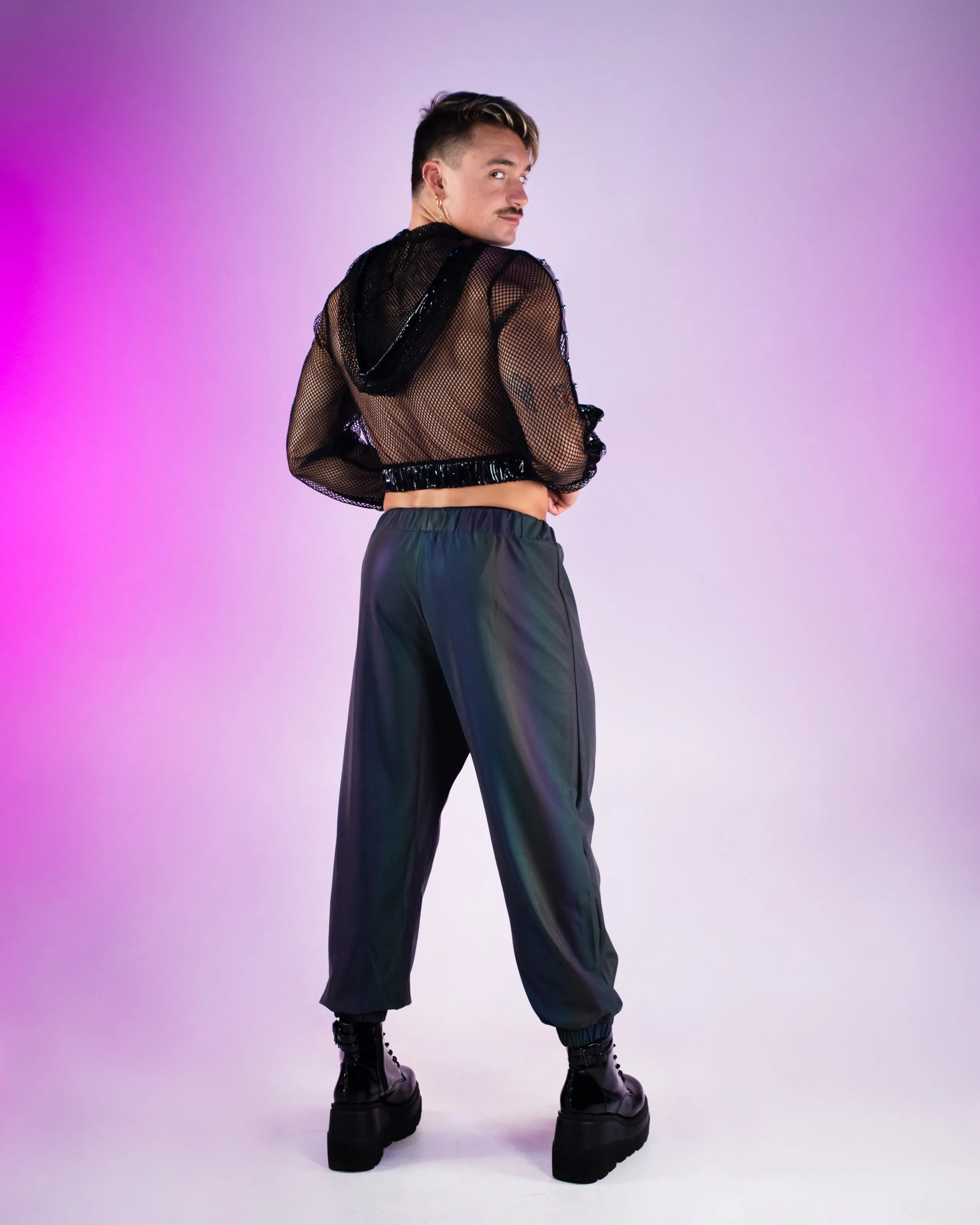 Techno Prism Cropped Fishnet Hoodie w/ Studs