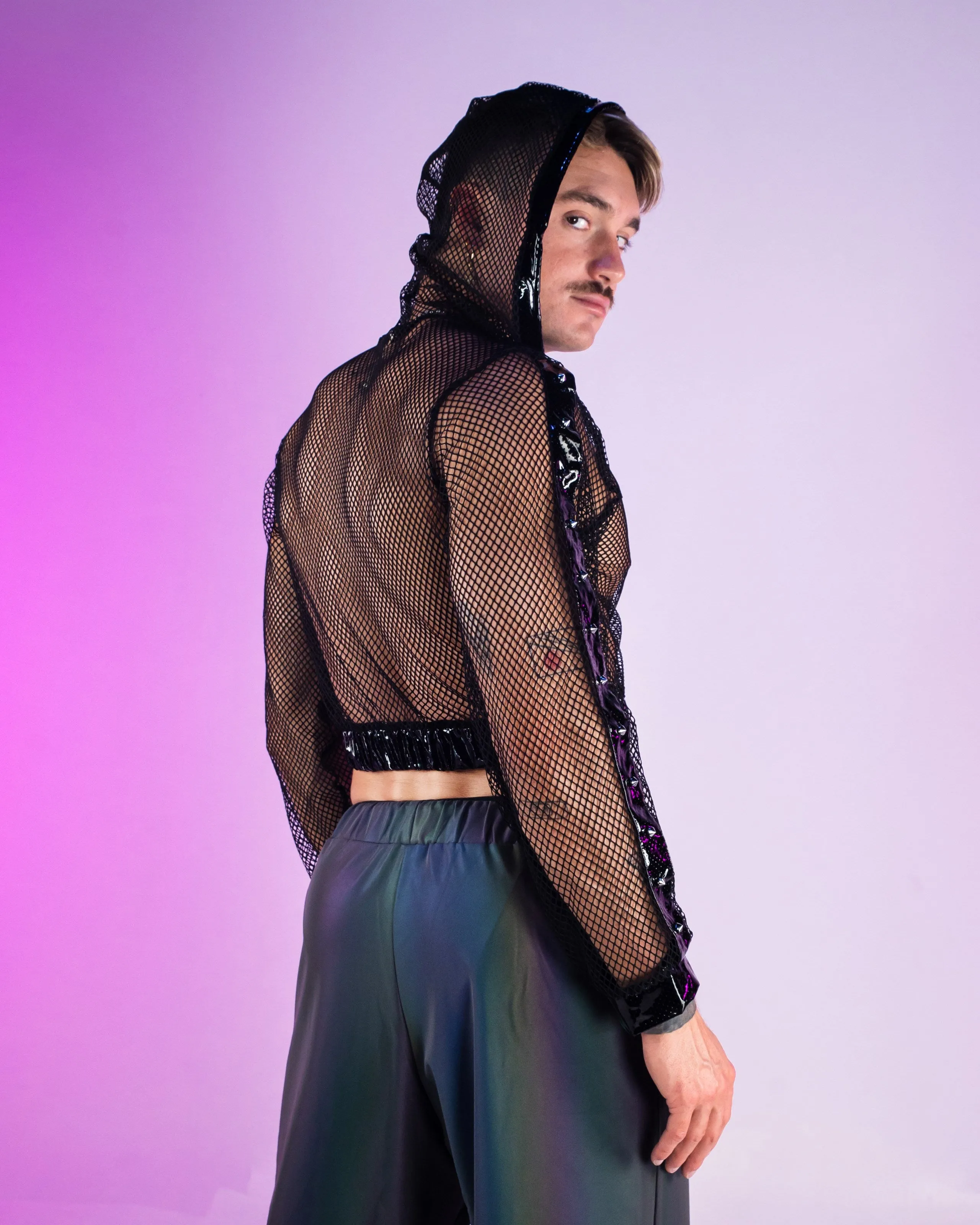Techno Prism Cropped Fishnet Hoodie w/ Studs