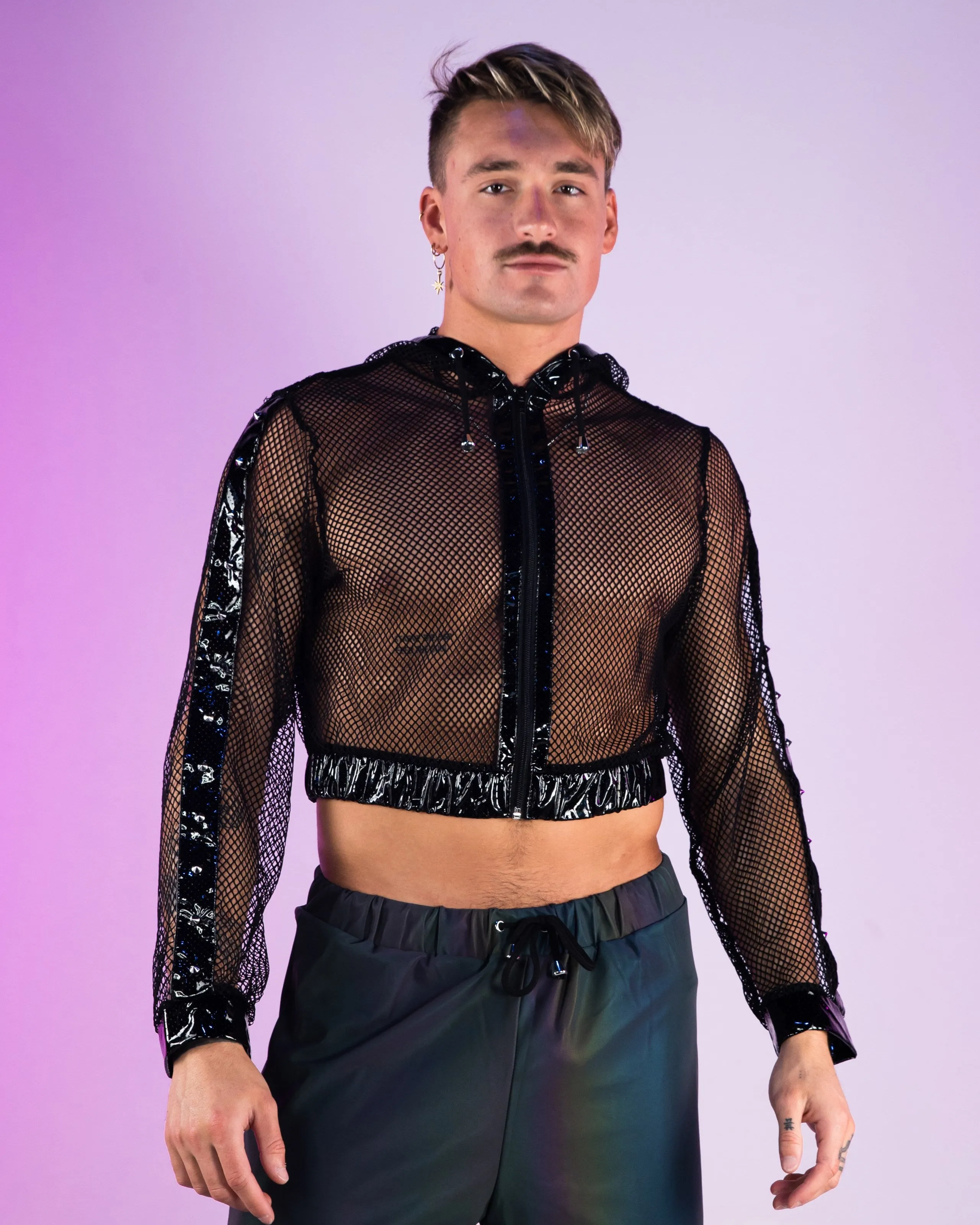 Techno Prism Cropped Fishnet Hoodie w/ Studs
